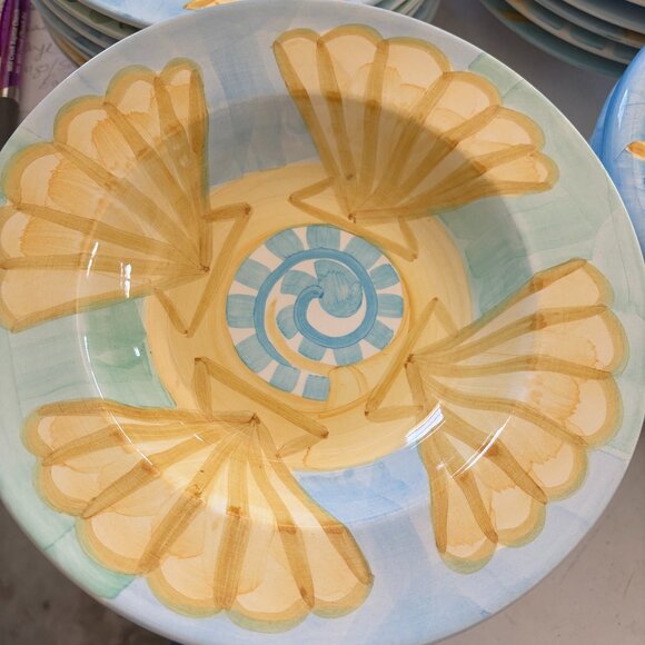 Bella Ceramica SEASHELL SET OF 4 Rimmed Soup Cereal or Pasta Bowls Blue Yellow - Picture 1 of 1